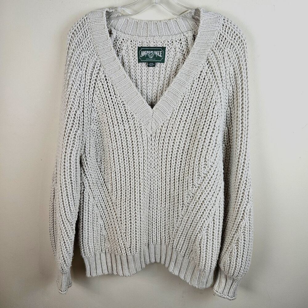 Chunky Knit Sweater Rory Gilmore Girls Cream Cotton Sz Medium oversize AE